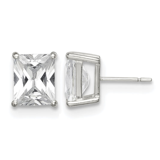 Sterling Silver Polished Emerald-cut 10x8mm Basket Set CZ Stud Earrings