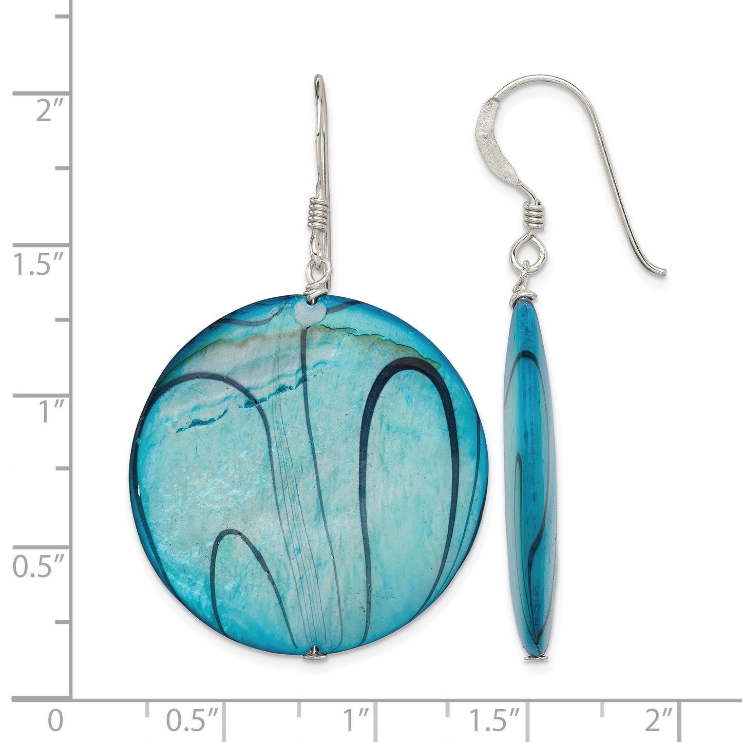 Sterling Silver Polished Blue Mother of Pearl Circle Dangle Earrings
