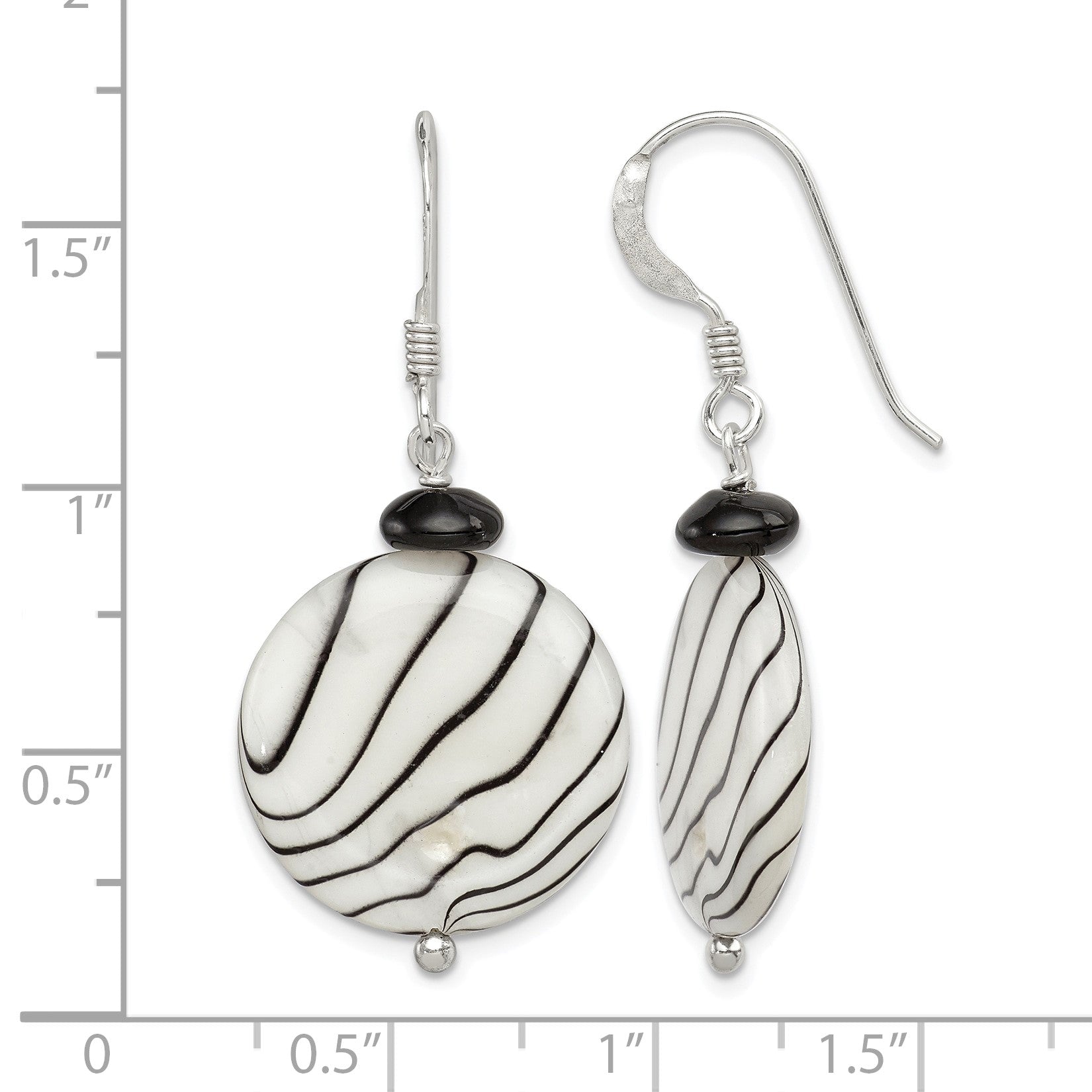 Sterling Silver Polished Black Agate/Zebra Mother of Pearl Dangle Earrings