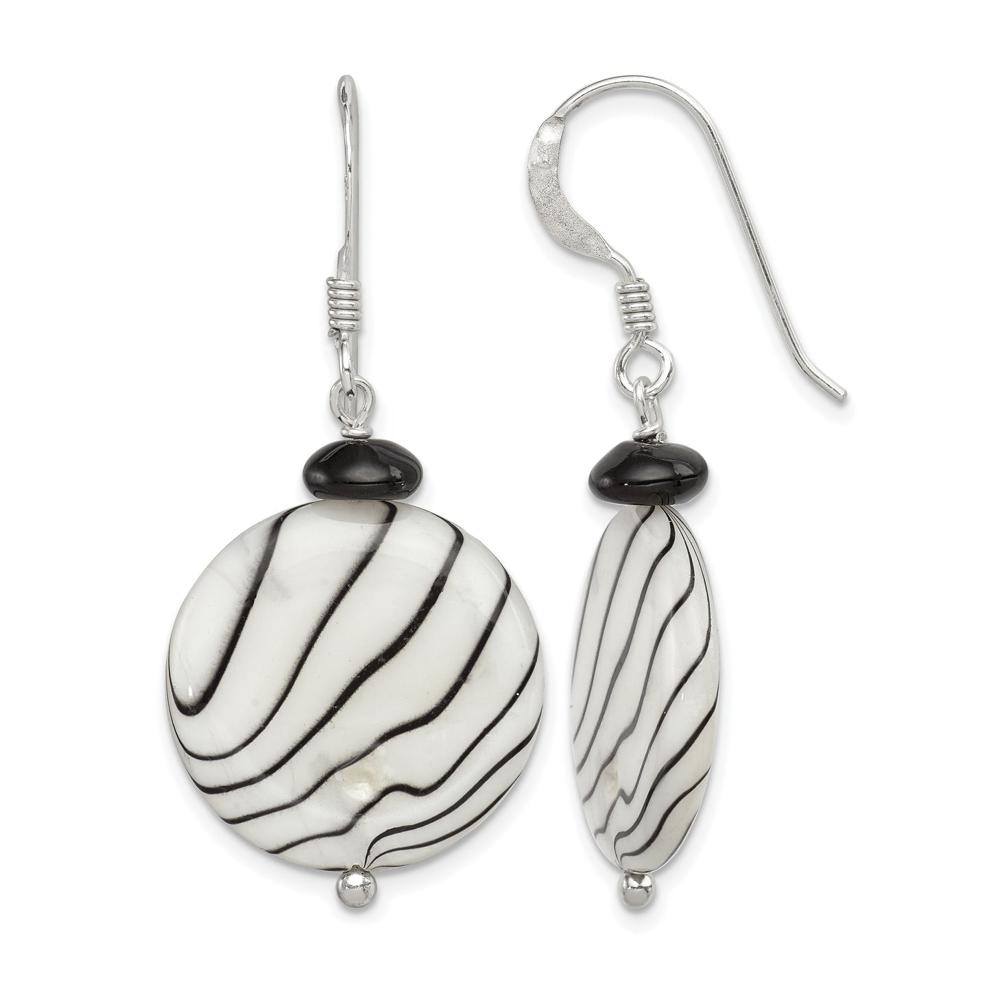 Sterling Silver Polished Black Agate/Zebra Mother of Pearl Dangle Earrings