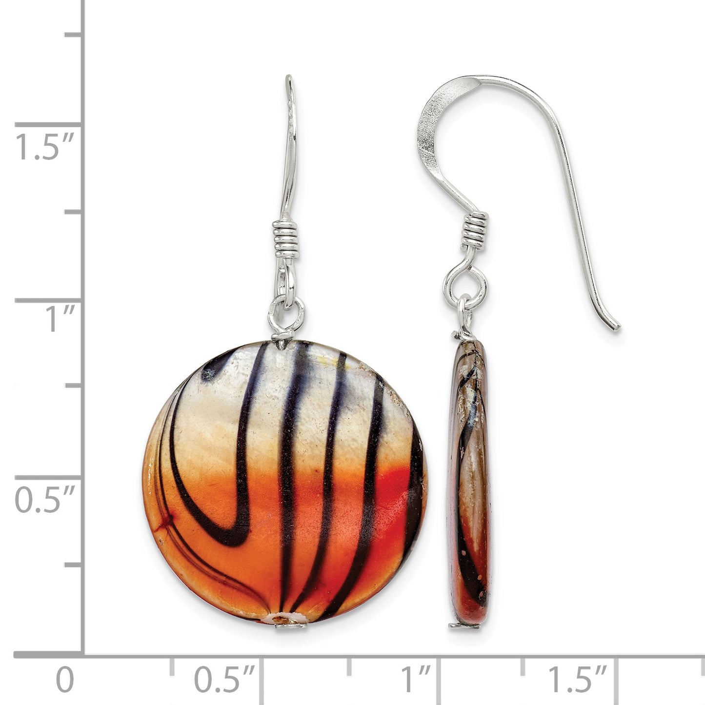 Sterling Silver Polished Orange/Black Mother of Pearl Disc Dangle Earrings