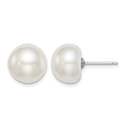 Sterling Silver Rhodium-plated 11-12mm White Button Freshwater Cultured Pearl Post Earrings