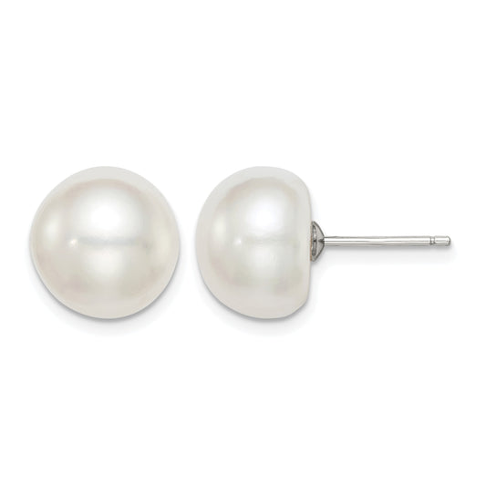 Sterling Silver Rhodium-plated 11-12mm White Button Freshwater Cultured Pearl Post Earrings