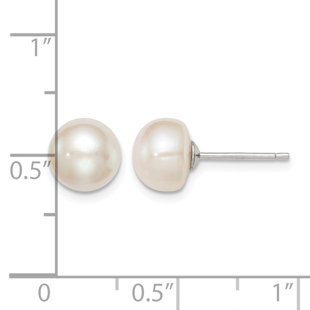 Sterling Silver Rhodium-plated 8-9mm White Button Freshwater Cultured Pearl Post Earrings