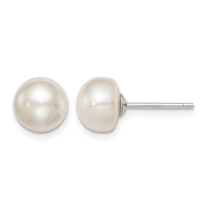 Sterling Silver Rhodium-plated 8-9mm White Button Freshwater Cultured Pearl Post Earrings