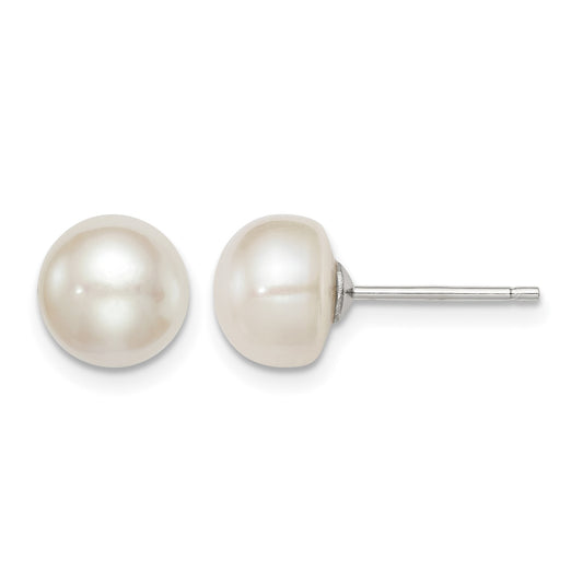 Sterling Silver Rhodium-plated 8-9mm White Button Freshwater Cultured Pearl Post Earrings