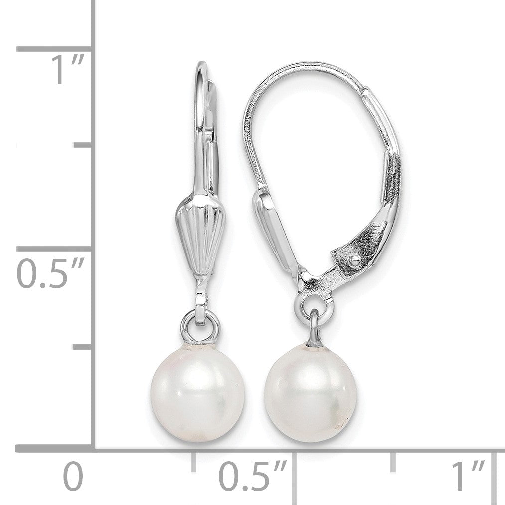 Sterling Silver Rhodium-plated 6-7mm White Round Freshwater Cultured Pearl Leverback Dangle Earrings