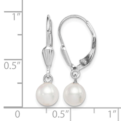 Sterling Silver Rhodium-plated 6-7mm White Round Freshwater Cultured Pearl Leverback Dangle Earrings