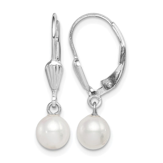 Sterling Silver Rhodium-plated 6-7mm White Round Freshwater Cultured Pearl Leverback Dangle Earrings
