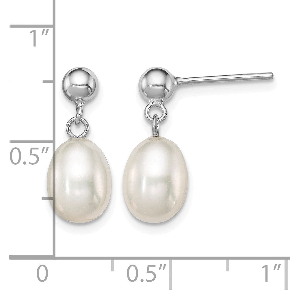 Sterling Silver Rhodium-plated 7-8mm White Rice Freshwater Cultured Pearl Post Dangle Earrings
