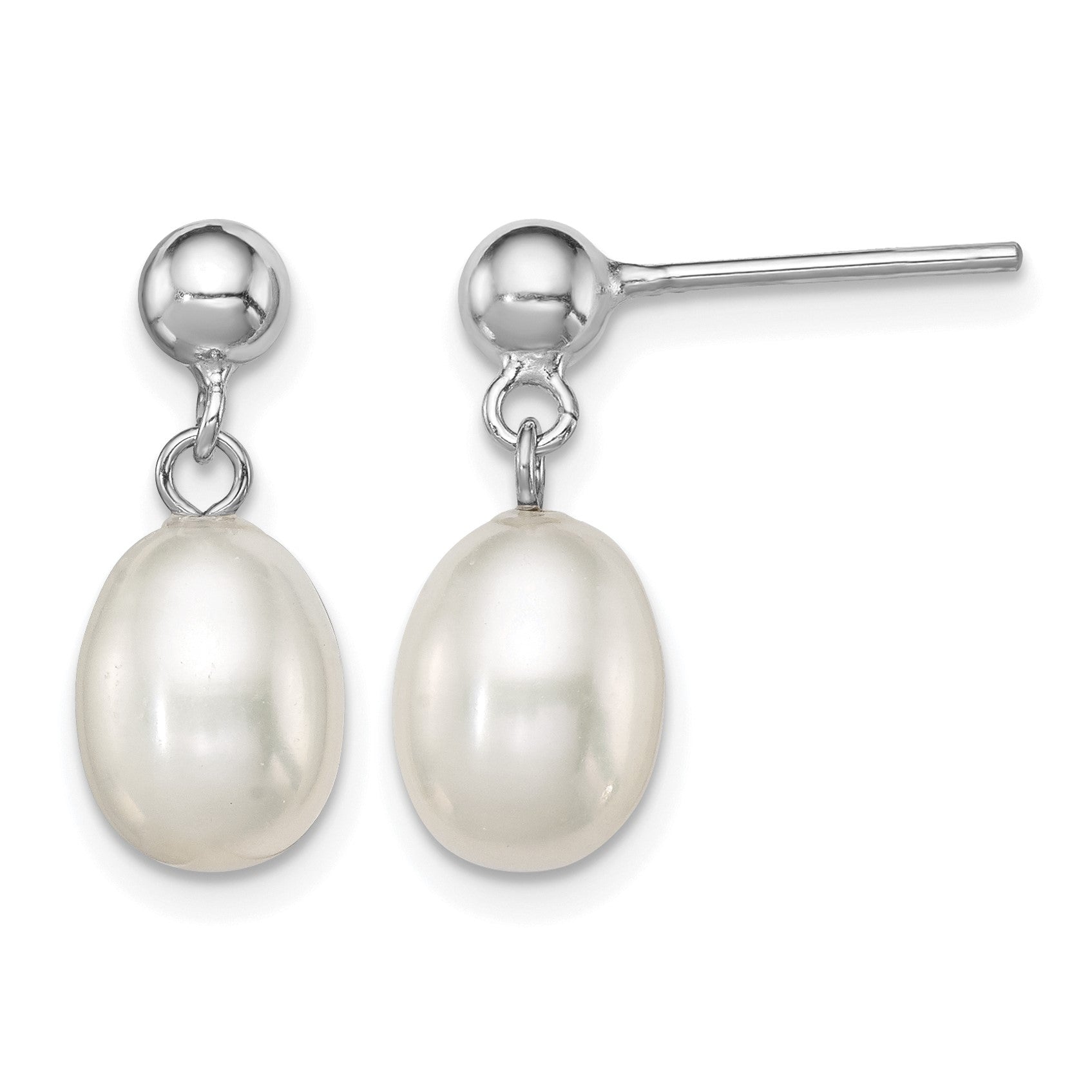 Sterling Silver Rhodium-plated 7-8mm White Rice Freshwater Cultured Pearl Post Dangle Earrings