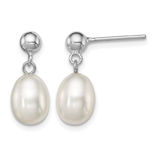Sterling Silver Rhodium-plated 7-8mm White Rice Freshwater Cultured Pearl Post Dangle Earrings