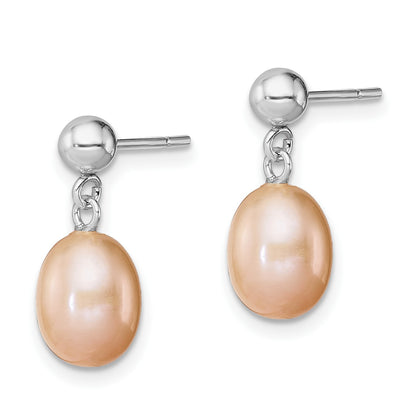 Sterling Silver Rhodium-plated 7-8mm Pink Teardrop Freshwater Cultured Pearl Post Dangle Earrings