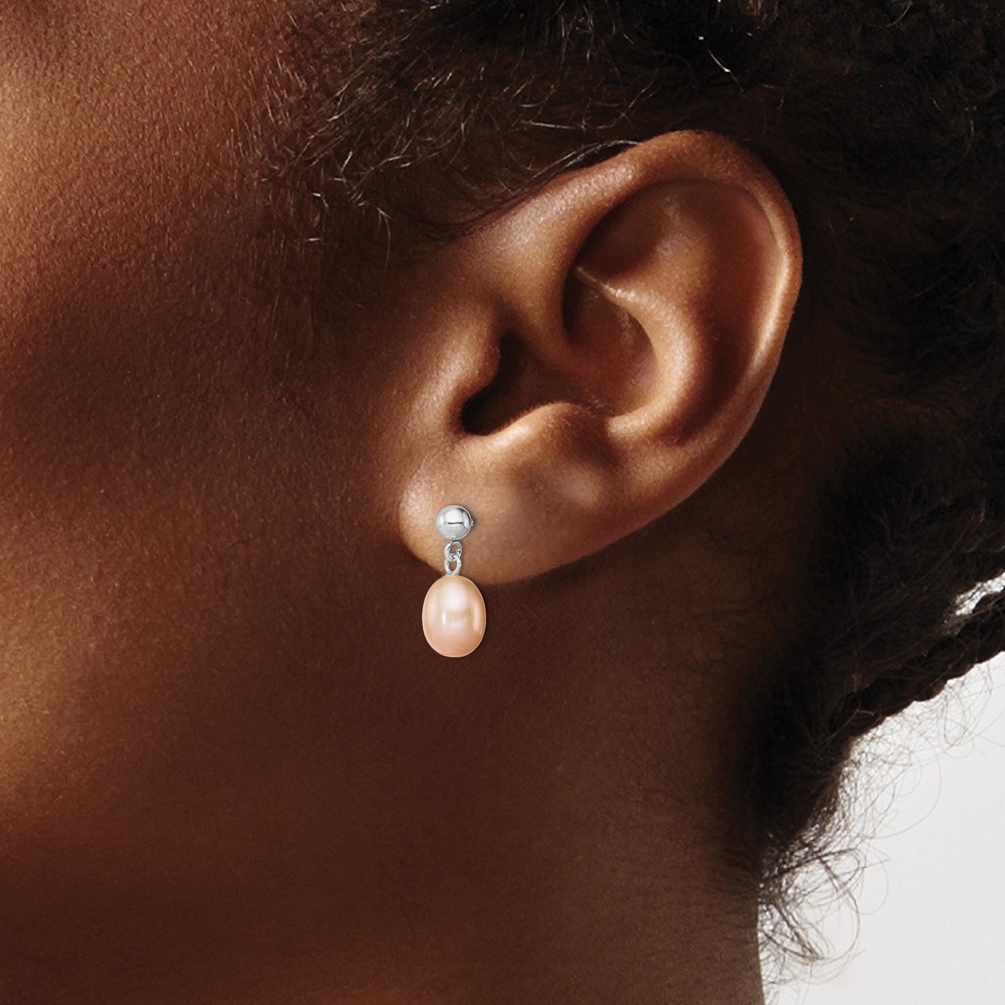 Sterling Silver Rhodium-plated 7-8mm Pink Teardrop Freshwater Cultured Pearl Post Dangle Earrings