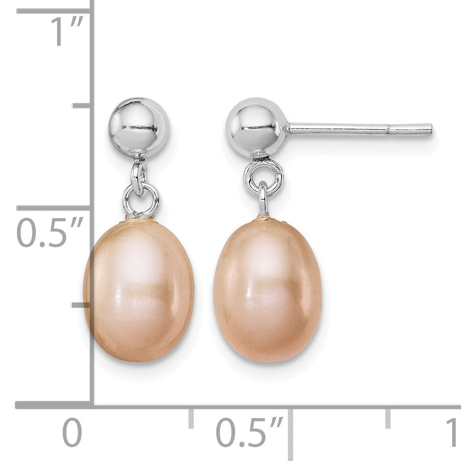 Sterling Silver Rhodium-plated 7-8mm Pink Teardrop Freshwater Cultured Pearl Post Dangle Earrings
