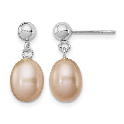 Sterling Silver Rhodium-plated 7-8mm Pink Teardrop Freshwater Cultured Pearl Post Dangle Earrings