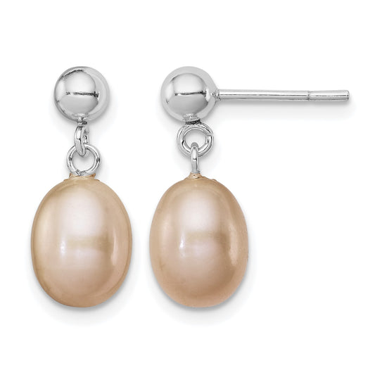 Sterling Silver Rhodium-plated 7-8mm Pink Teardrop Freshwater Cultured Pearl Post Dangle Earrings