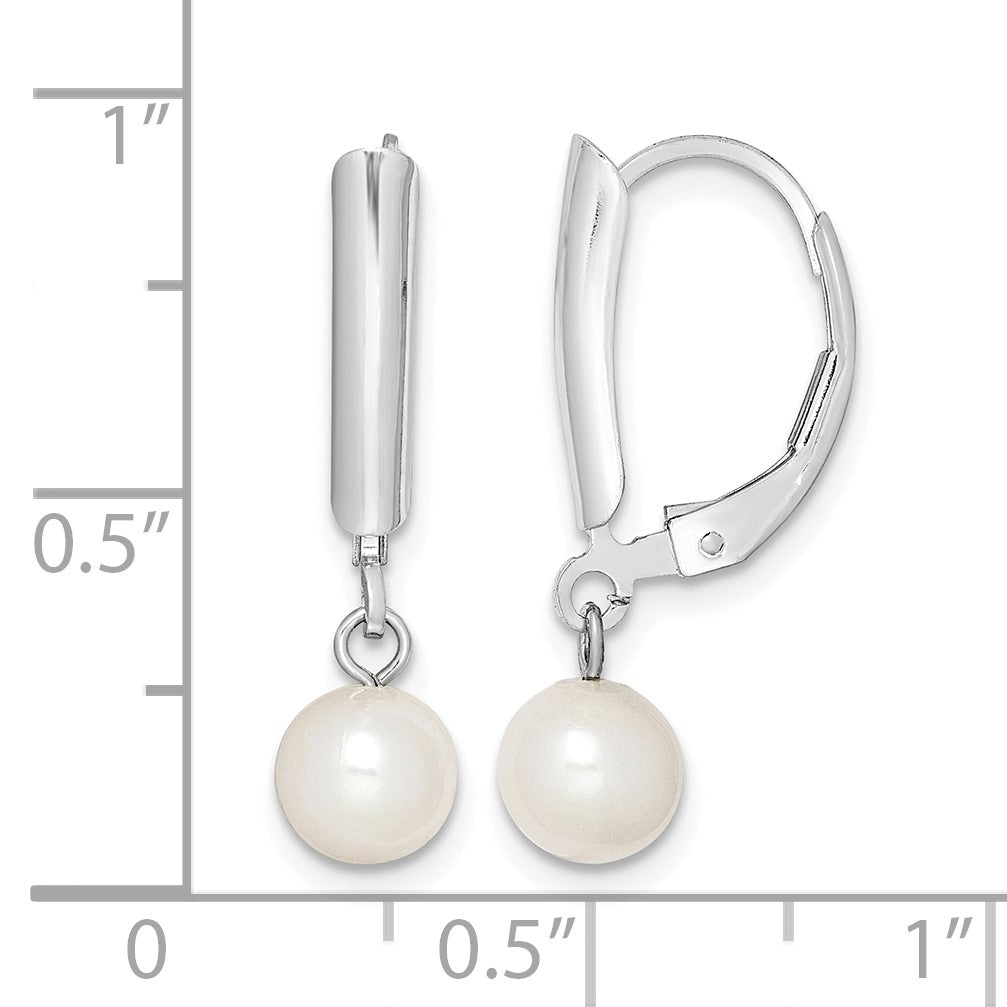 Sterling Silver Rhodium-plated 6-7mm White Round Freshwater Cultured Pearl Leverback Dangle Earrings