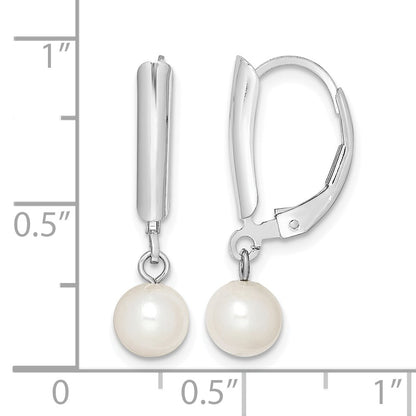 Sterling Silver Rhodium-plated 6-7mm White Round Freshwater Cultured Pearl Leverback Dangle Earrings