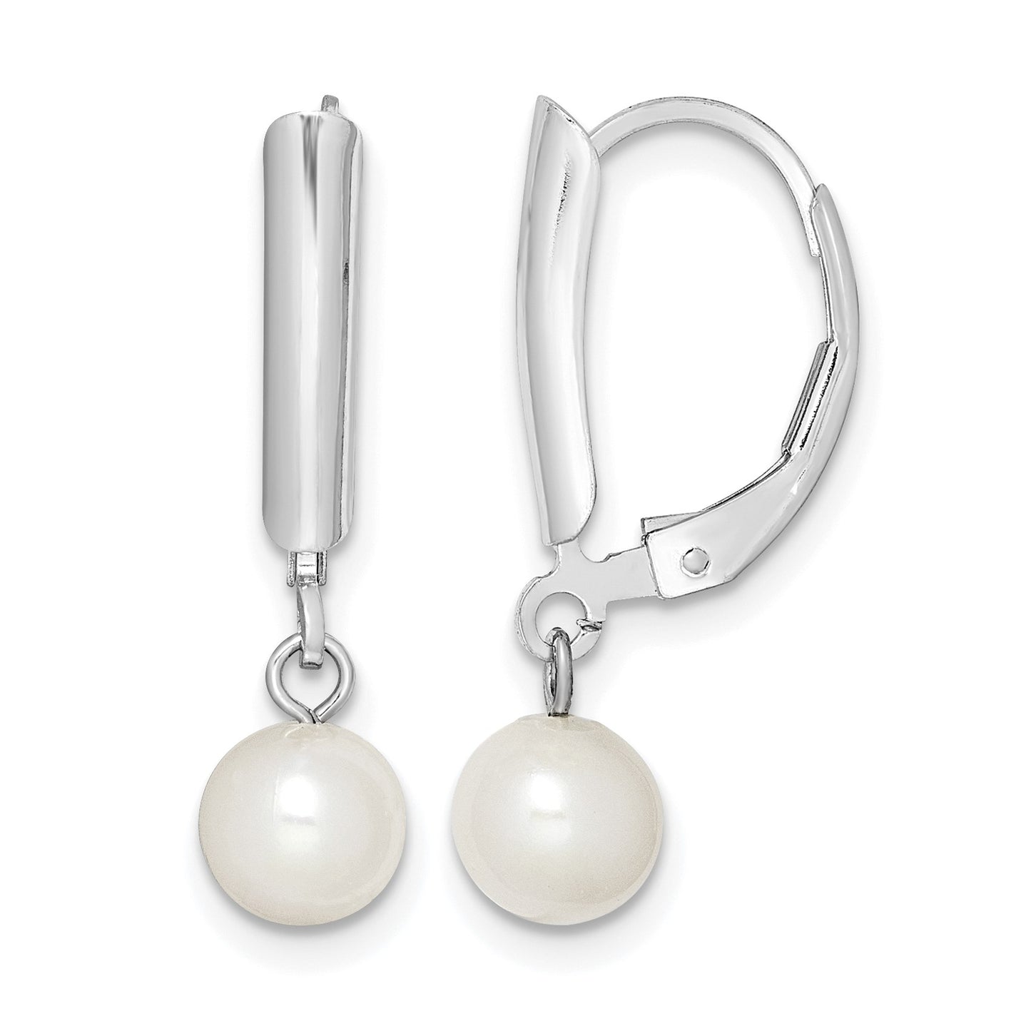 Sterling Silver Rhodium-plated 6-7mm White Round Freshwater Cultured Pearl Leverback Dangle Earrings