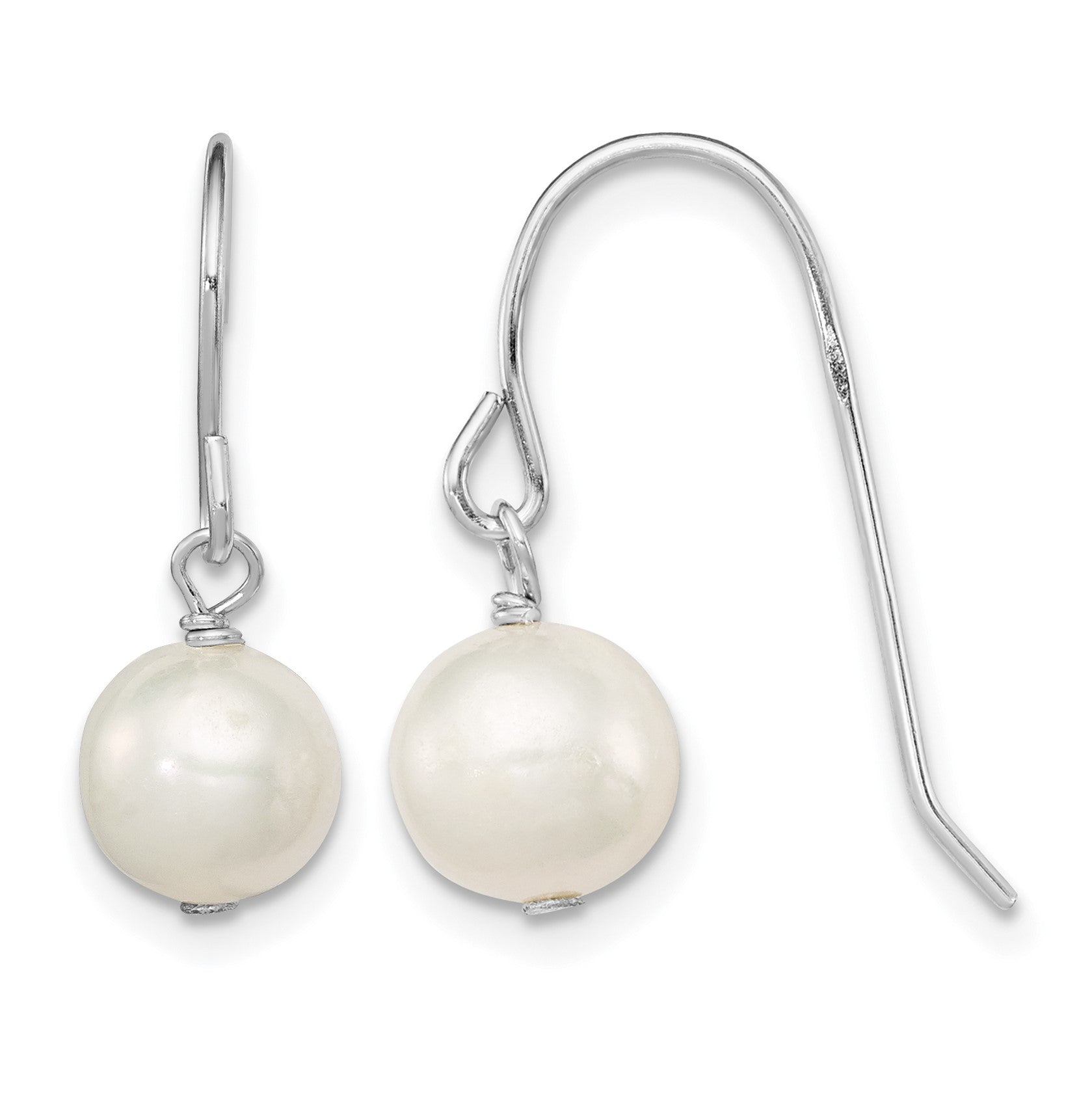 Sterling Silver Rhodium-plated 7-8mm White Semi-Round Freshwater Cultured Pearl Dangle Earrings
