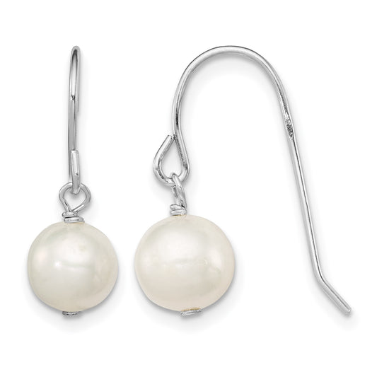 Sterling Silver Rhodium-plated 7-8mm White Semi-Round Freshwater Cultured Pearl Dangle Earrings