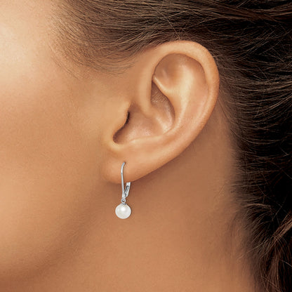 Sterling Silver Rhodium-plated 6-7mm White Round Freshwater Cultured Pearl Leverback Dangle Earrings