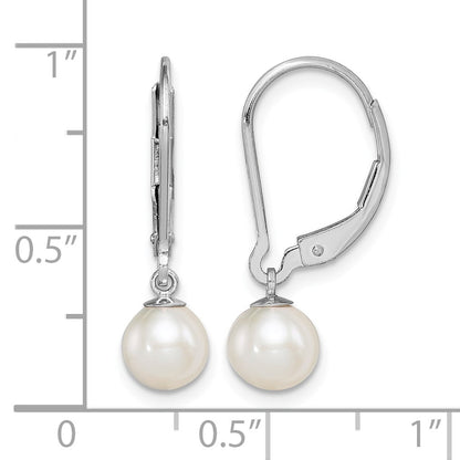 Sterling Silver Rhodium-plated 6-7mm White Round Freshwater Cultured Pearl Leverback Dangle Earrings