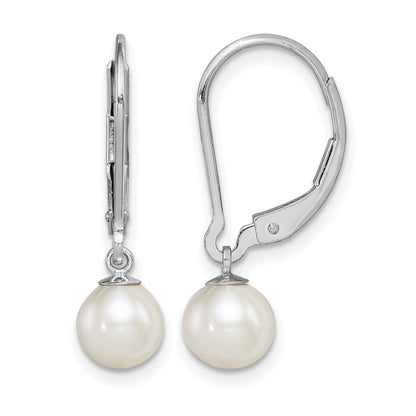 Sterling Silver Rhodium-plated 6-7mm White Round Freshwater Cultured Pearl Leverback Dangle Earrings