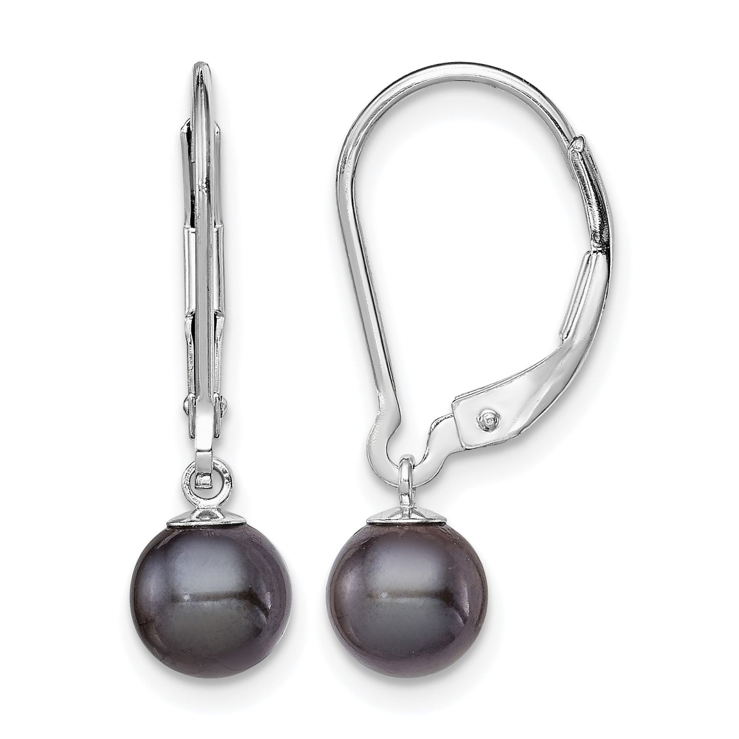 Sterling Silver Rhodium-plated 6-7mm Black Round Freshwater Cultured Pearl Leverback Dangle Earrings