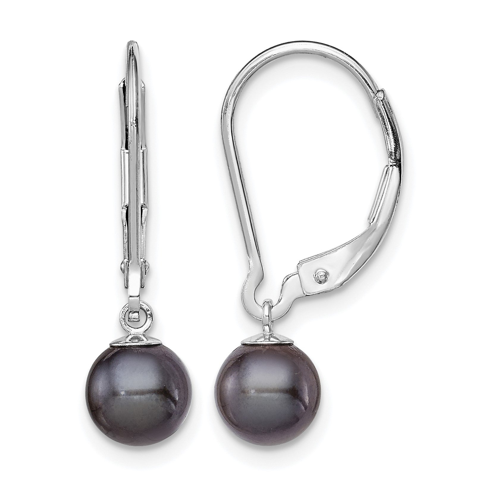 Sterling Silver Rhodium-plated 6-7mm Black Round Freshwater Cultured Pearl Leverback Dangle Earrings