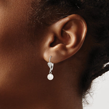 Sterling Silver Rhodium-plated 6-7mm White Round Freshwater Cultured Pearl Heart Leverback Dangle Earrings