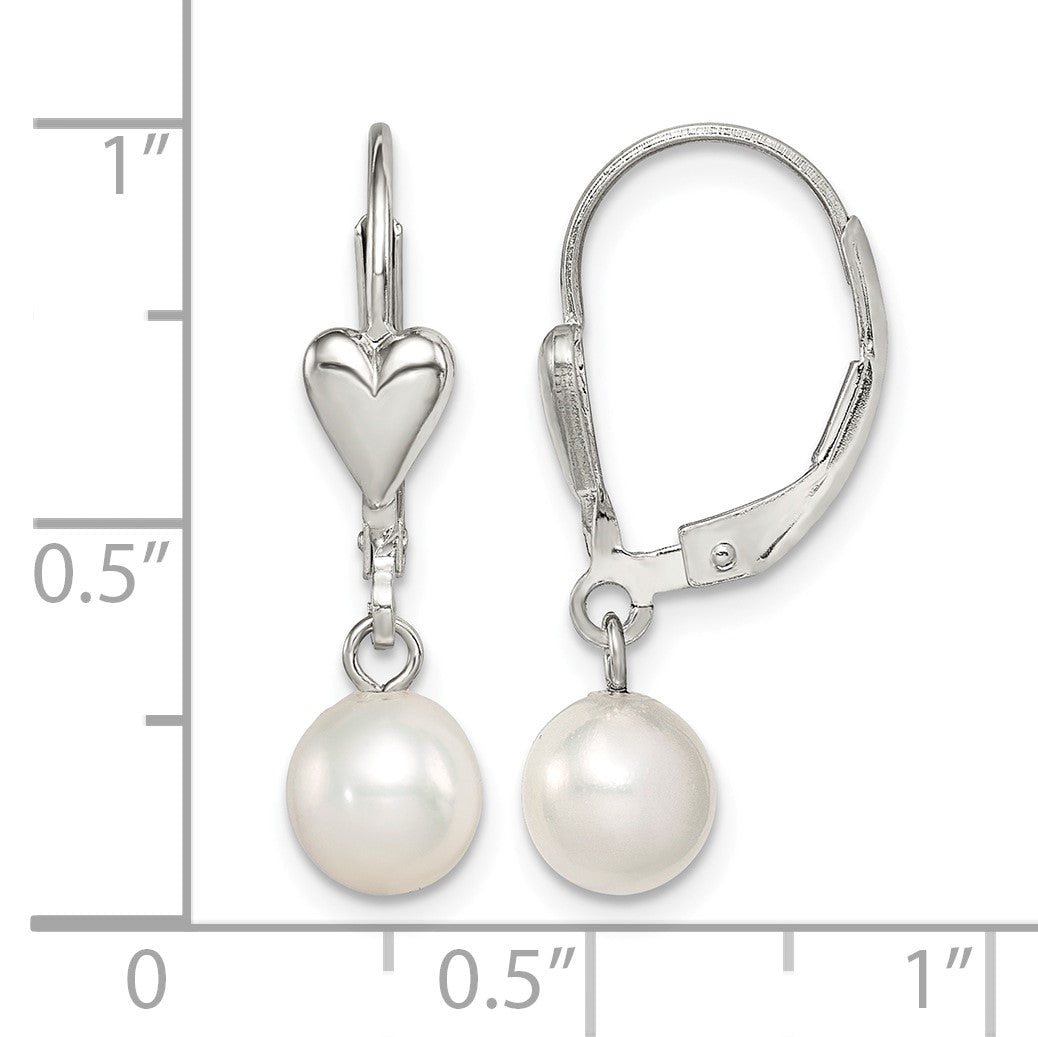 Sterling Silver Rhodium-plated 6-7mm White Round Freshwater Cultured Pearl Heart Leverback Dangle Earrings