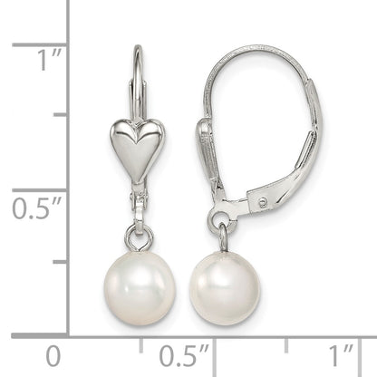 Sterling Silver Rhodium-plated 6-7mm White Round Freshwater Cultured Pearl Heart Leverback Dangle Earrings