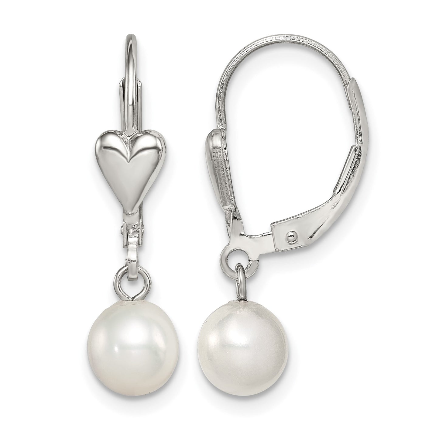 Sterling Silver Rhodium-plated 6-7mm White Round Freshwater Cultured Pearl Heart Leverback Dangle Earrings