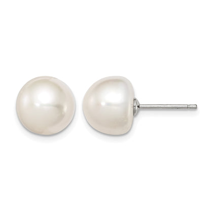 Sterling Silver Rhodium-plated 10-11mm White Button Freshwater Cultured Pearl Post Earrings