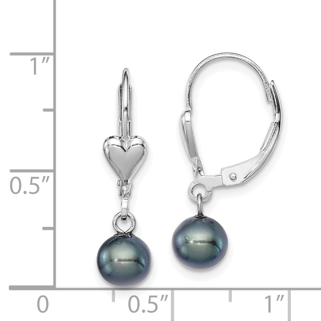 Sterling Silver Rhodium-plated 6-7mm Black Round Freshwater Cultured Pearl Heart Leverback Dangle Earrings