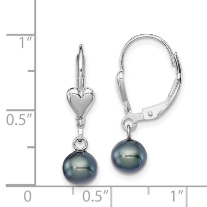 Sterling Silver Rhodium-plated 6-7mm Black Round Freshwater Cultured Pearl Heart Leverback Dangle Earrings