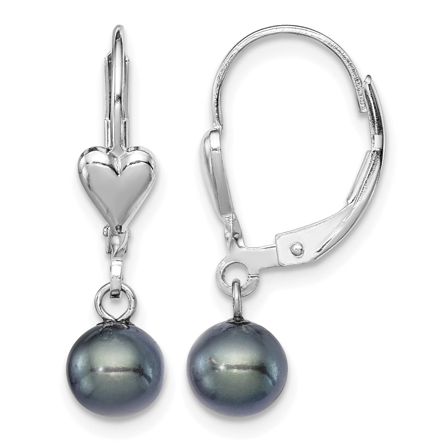 Sterling Silver Rhodium-plated 6-7mm Black Round Freshwater Cultured Pearl Heart Leverback Dangle Earrings