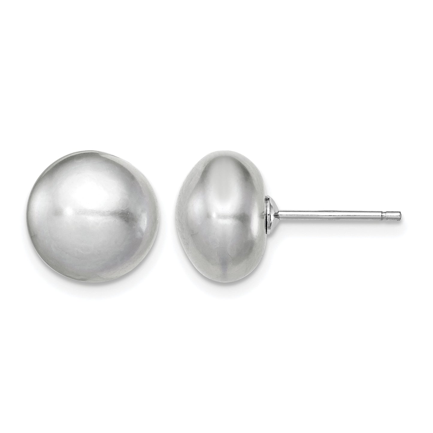 Sterling Silver Rhodium-plated 10-11mm Grey Button Freshwater Cultured Pearl Post Earrings
