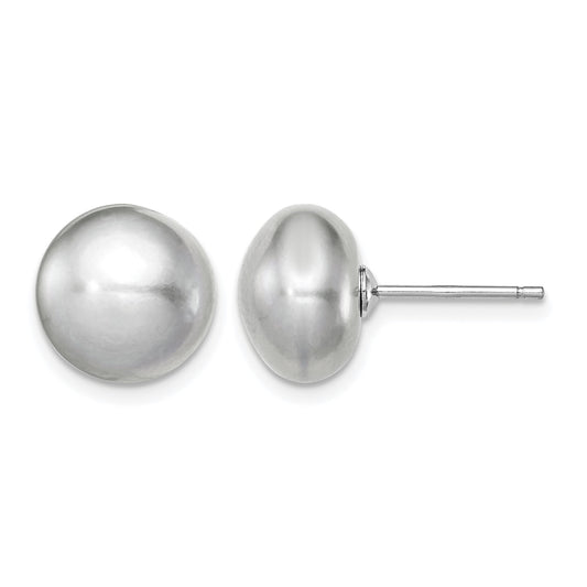 Sterling Silver Rhodium-plated 10-11mm Grey Button Freshwater Cultured Pearl Post Earrings