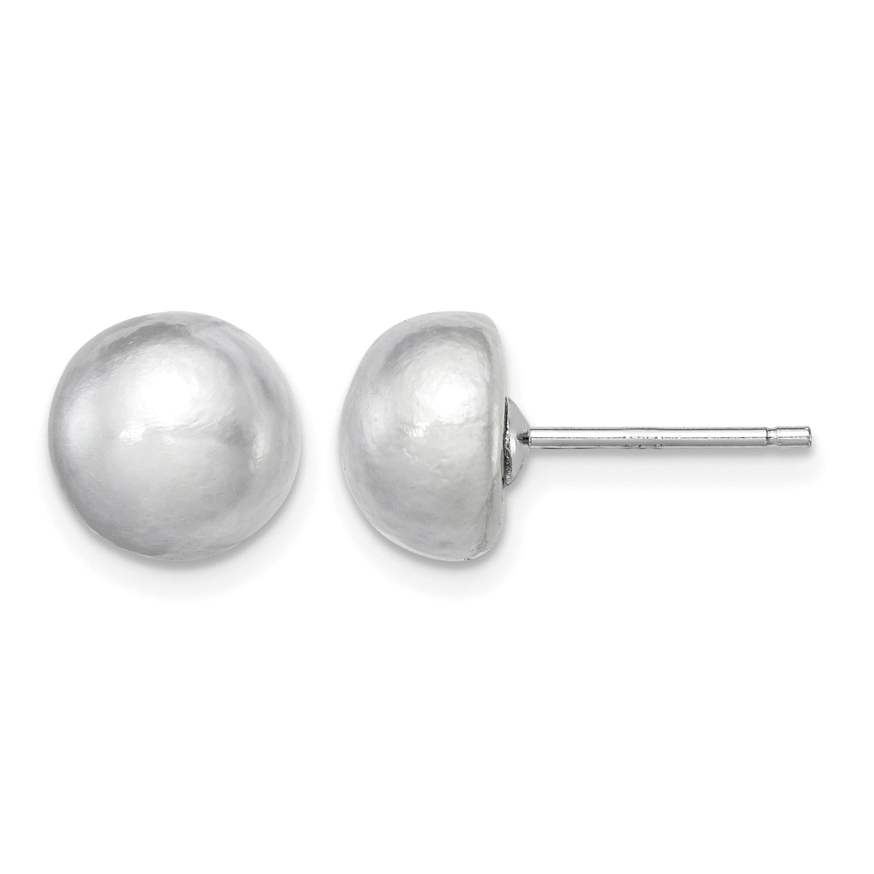 Sterling Silver Rhodium-plated 8-9mm Grey Button Freshwater Cultured Pearl Post Earrings