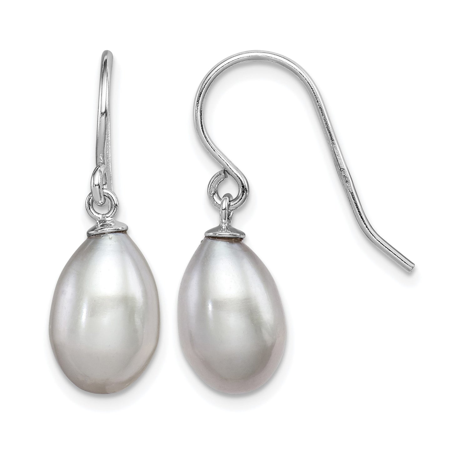 Sterling Silver Rhodium-plated Grey 8-9mm Rice Freshwater Cultured Pearl Dangle Earrings