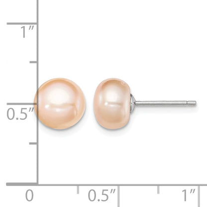 Sterling Silver Rhodium-plated 8-9mm Pink Button Freshwater Cultured Pearl Post Earrings