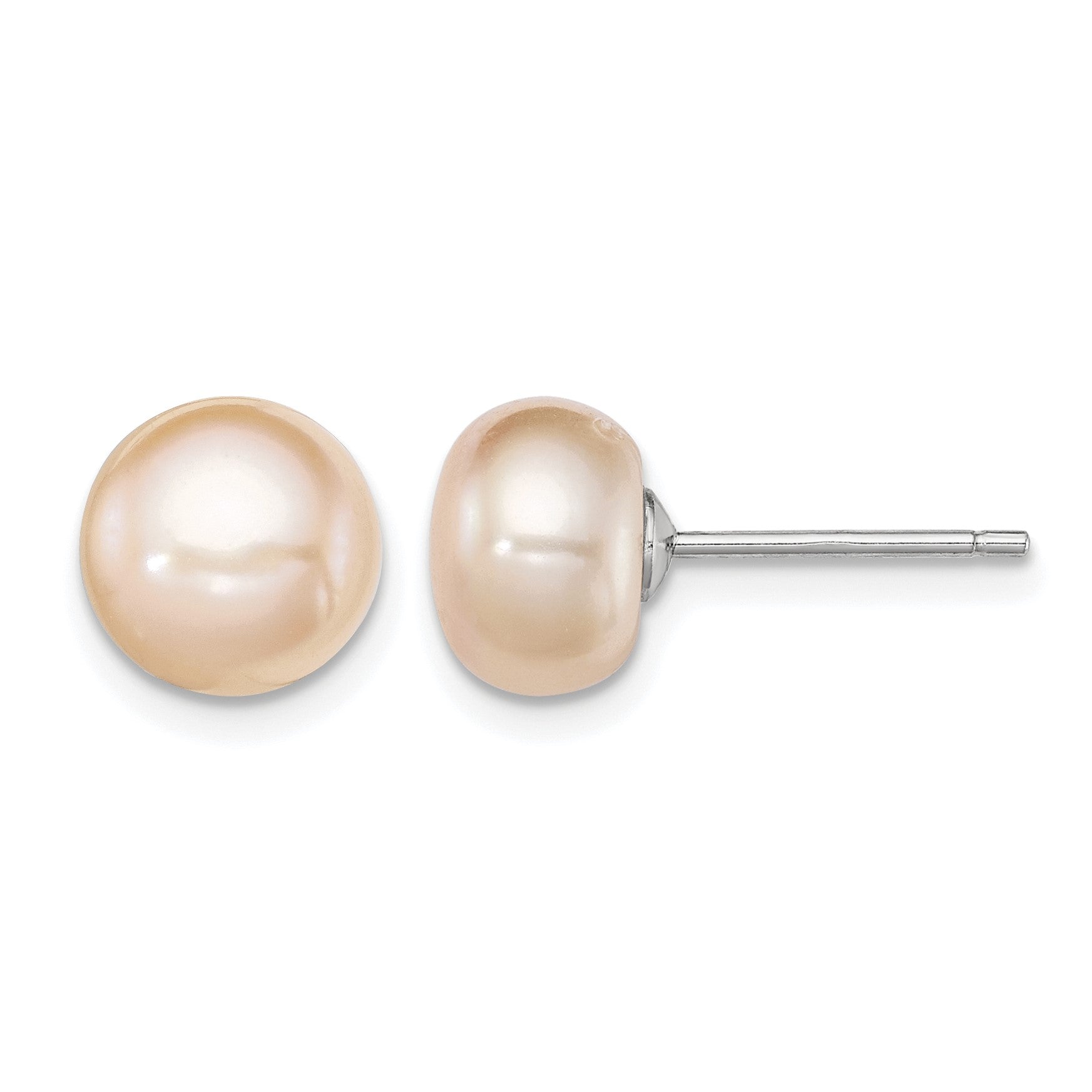 Sterling Silver Rhodium-plated 8-9mm Pink Button Freshwater Cultured Pearl Post Earrings