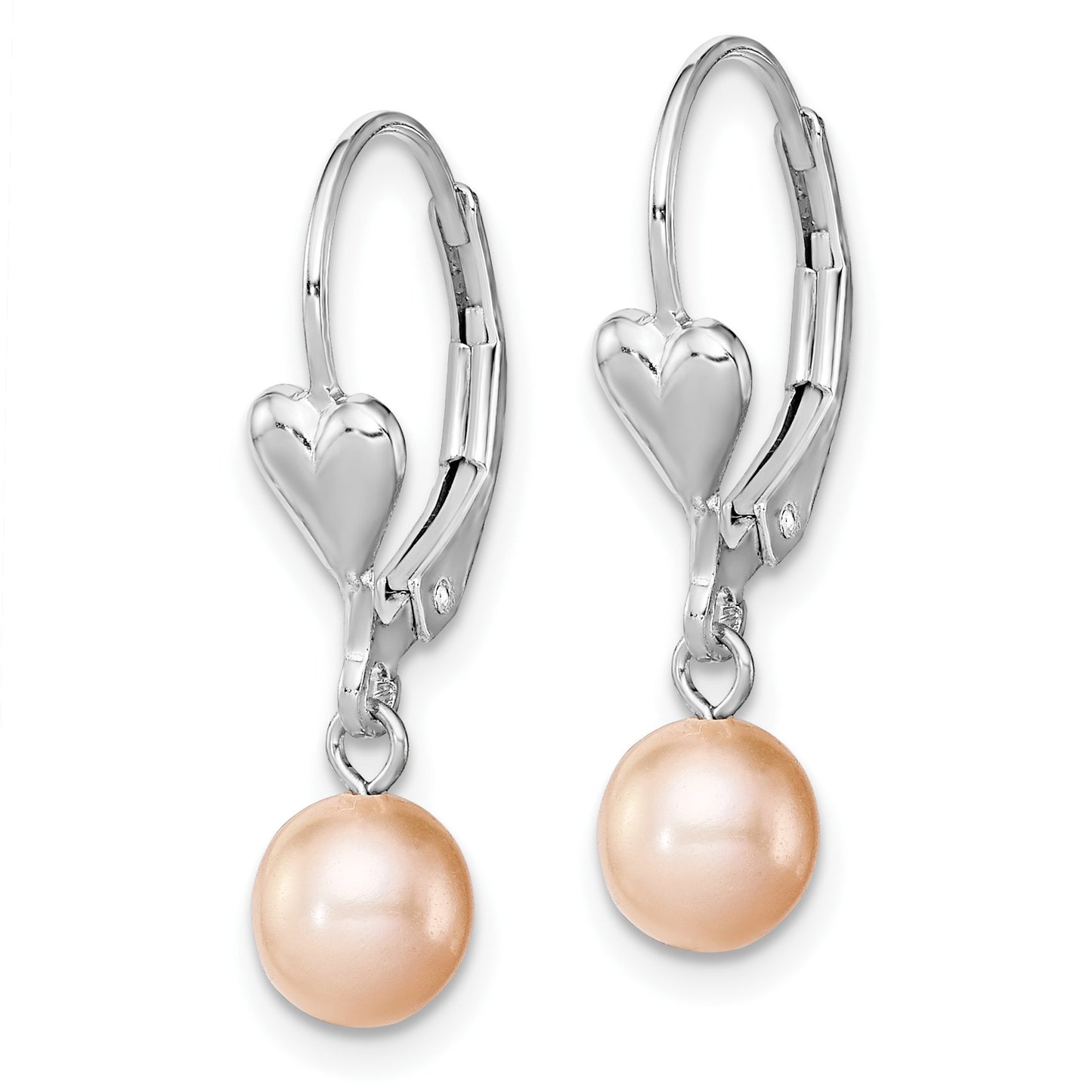 Sterling Silver Rhodium-plated 6-7mm Pink Round Freshwater Cultured Pearl Heart Leverback Dangle Earrings