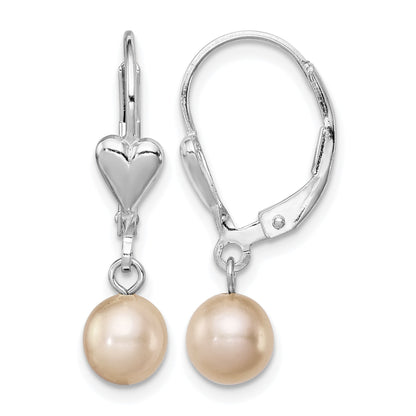 Sterling Silver Rhodium-plated 6-7mm Pink Round Freshwater Cultured Pearl Heart Leverback Dangle Earrings