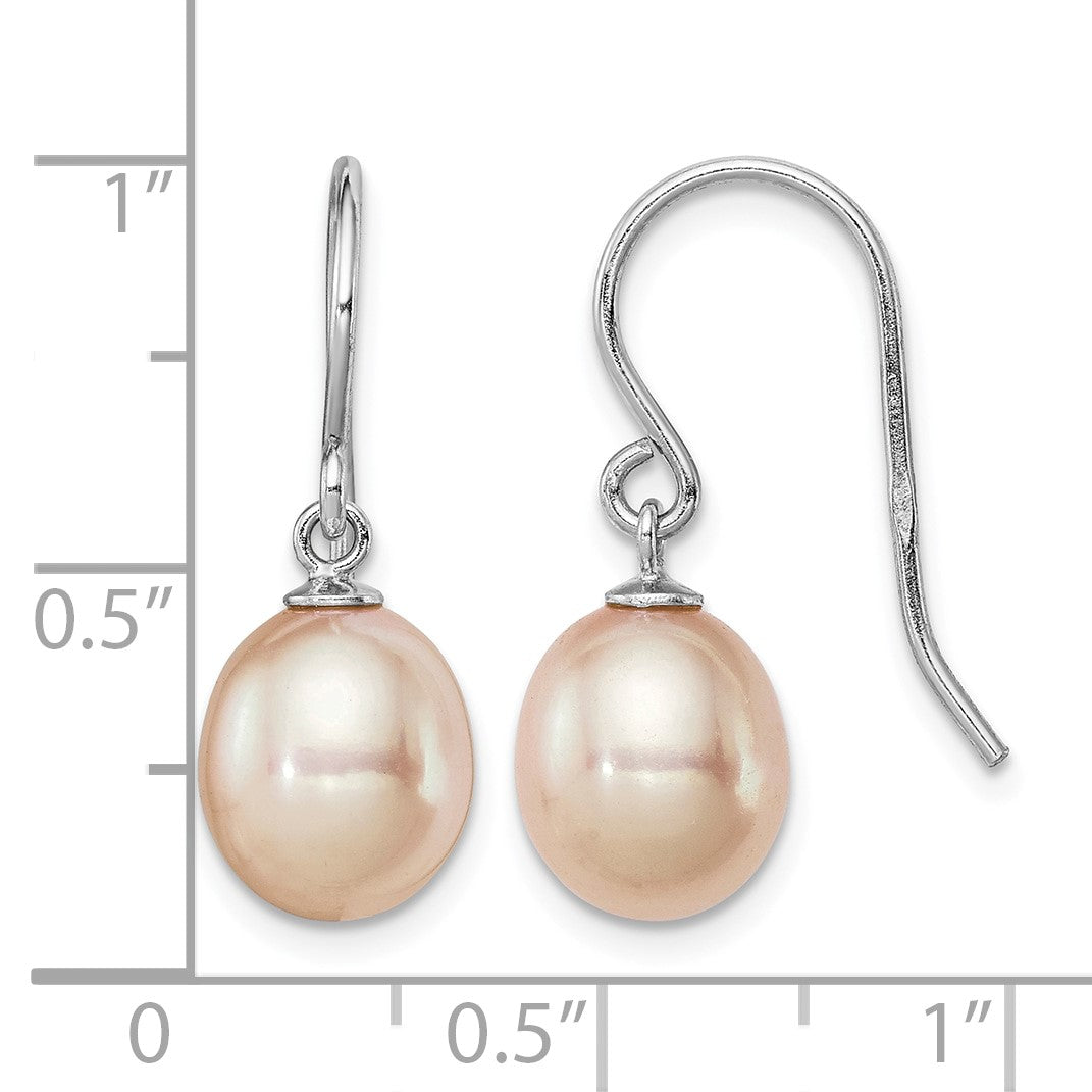 Sterling Silver Rhodium-plated 8-9mm Pink Teardrop Freshwater Cultured Pearl Dangle Earrings