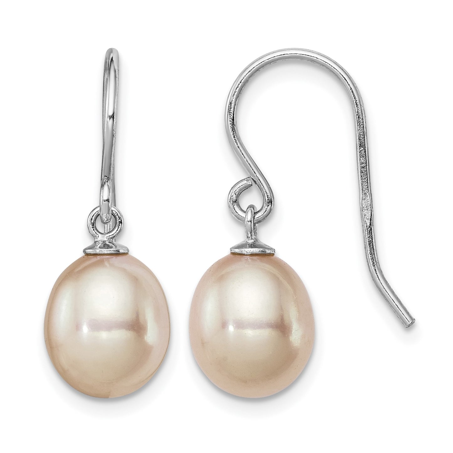 Sterling Silver Rhodium-plated 8-9mm Pink Teardrop Freshwater Cultured Pearl Dangle Earrings