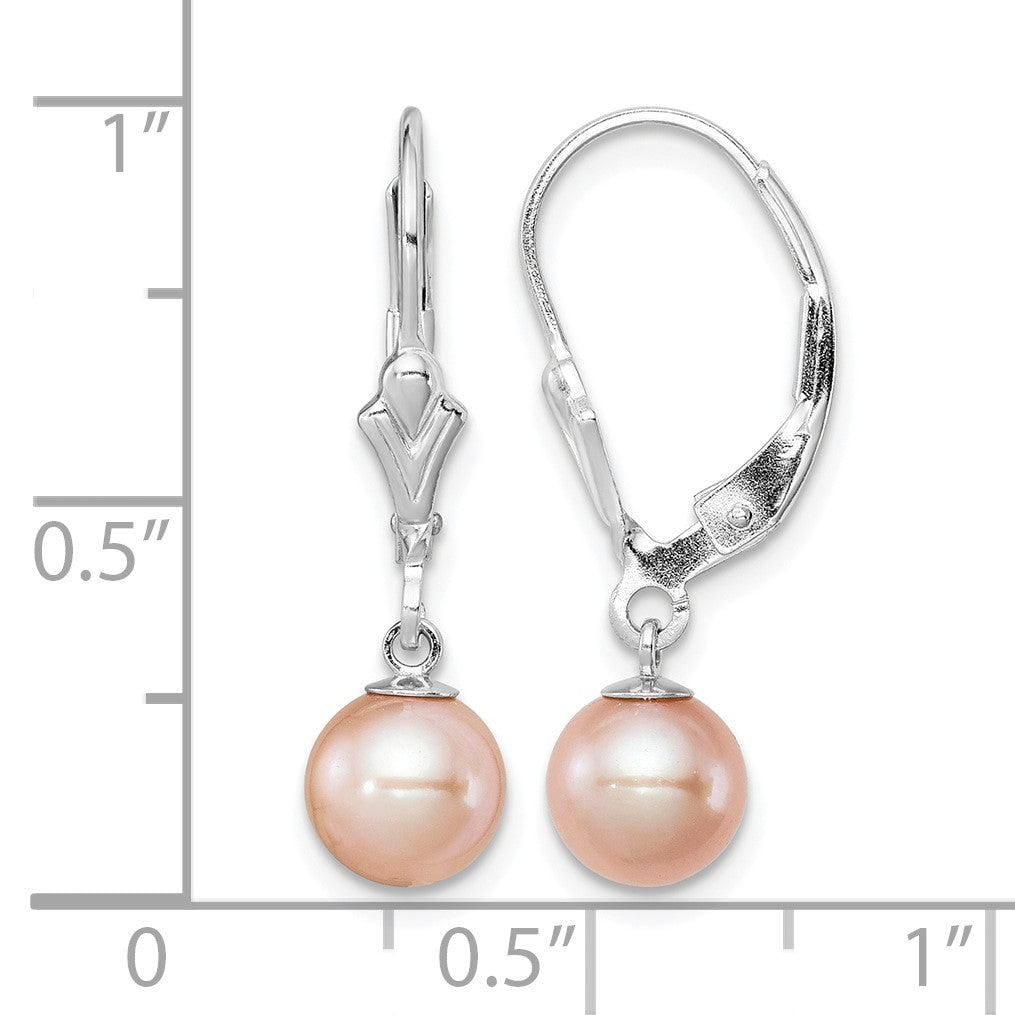 Sterling Silver Rhodium-plated 6-7mm Pink Round Freshwater Cultured Pearl Leverback Dangle Earrings